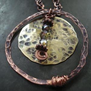 Hand Made Hammered Copper Hoop Necklace With Brass..