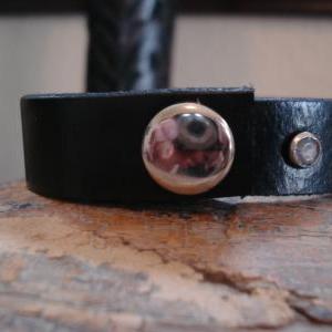 Simple Black Leather Cuff Bracelet With One..