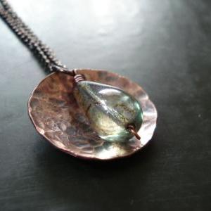 Nature Inspired, Copper Hammered Disc With Czech..