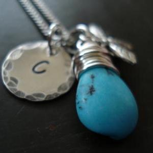 Turquoise Stone Necklace, Stamped Monogramed..