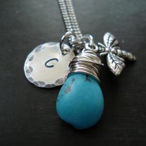 Turquoise Stone Necklace, Stamped Monogramed..