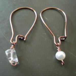 Copper Dangle Earring, Long Dangle Hoop, Pearl..