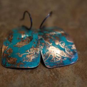 Copper Dangle Earrings, Drop Earrings, Etched..