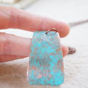 Copper Necklace With Teal Patina- Etched Metal..