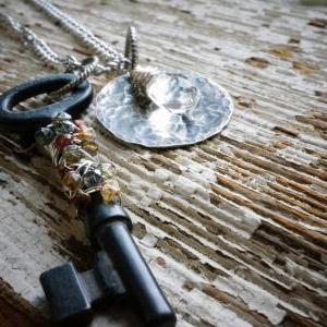 Key Necklace, Antique Key Necklace, Full Moon..