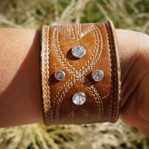Leather Rhinestone Brown Cuff Bracelet, Recycled..
