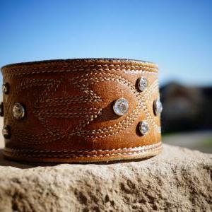 Leather Rhinestone Brown Cuff Bracelet, Recycled..