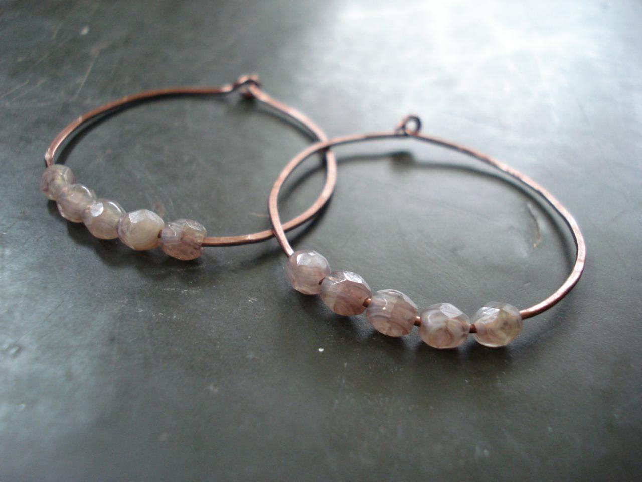 Hammered Copper Hoop Earrings, Copper Hoop Earrings, Copper Jewelry, Purple Pink Czech Glass Beads