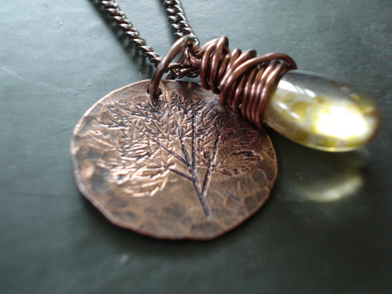 Nature Inspired Copper Penny Hand Stamped Tree Necklace With Czech Glass Pendant