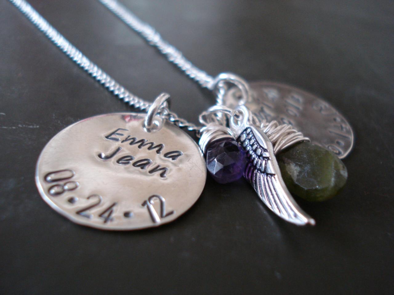 Mommy Or Grandma Necklace-hand Made Sterling Silver Necklace-kids Name Charm-birthstone And Wing Charm