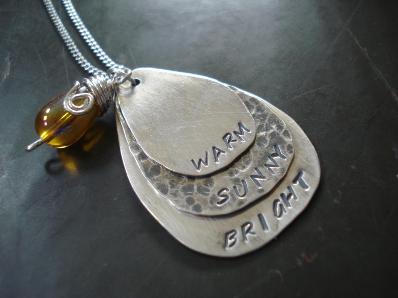 Stamped Necklace-sterling Silver Jewelry Handmade-three Teardrop Necklace - Sunny, Warm And Bright,