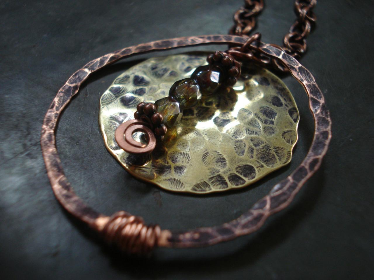 Hand Made Hammered Copper Hoop Necklace With Brass Circle Pendant.