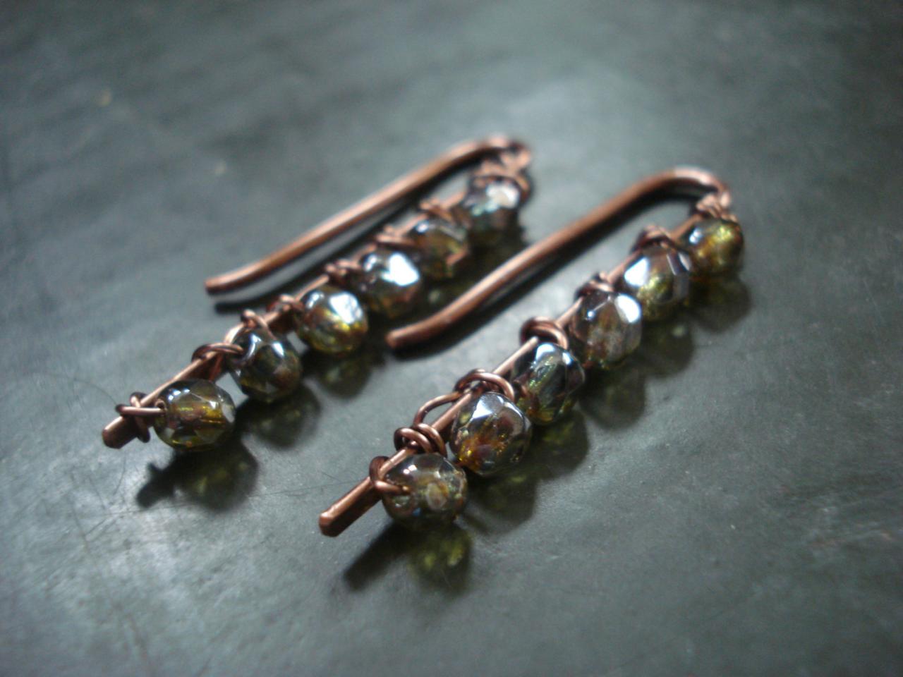 Copper Handmade Wire Wrapped Paddle Earrings With Czech Glass Beads