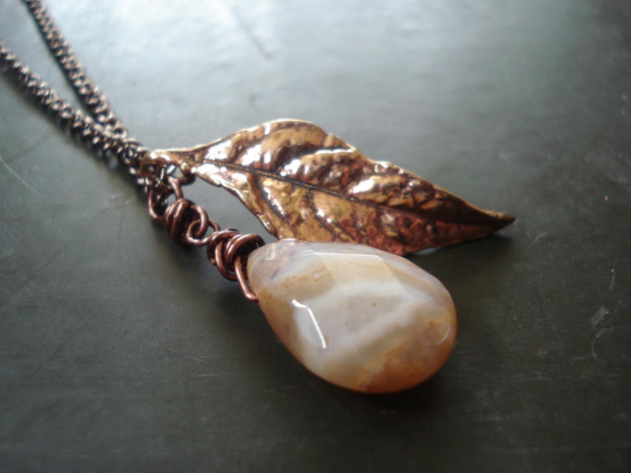 Nature Inspired Leaf Necklace Made Of Copper With Gemstone