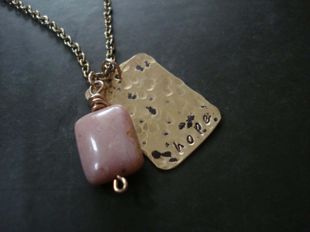 Hope Necklace, Breast Cancer Awareness Necklace, Brass And Gold Filled With Gem Stone Pendant