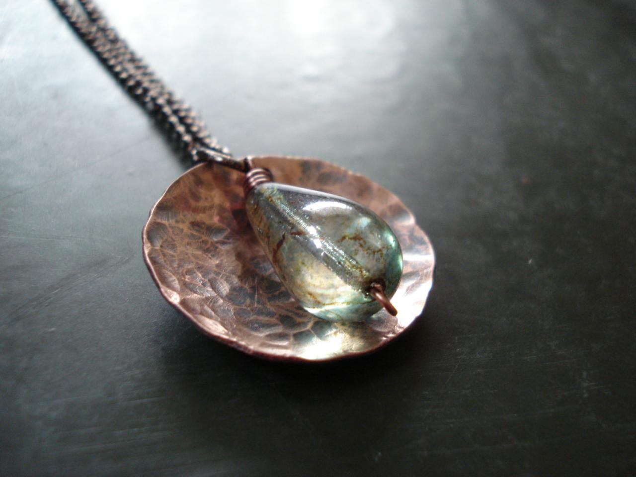 Nature Inspired, Copper Hammered Disc With Czech Glass Wire Wrapped Bead