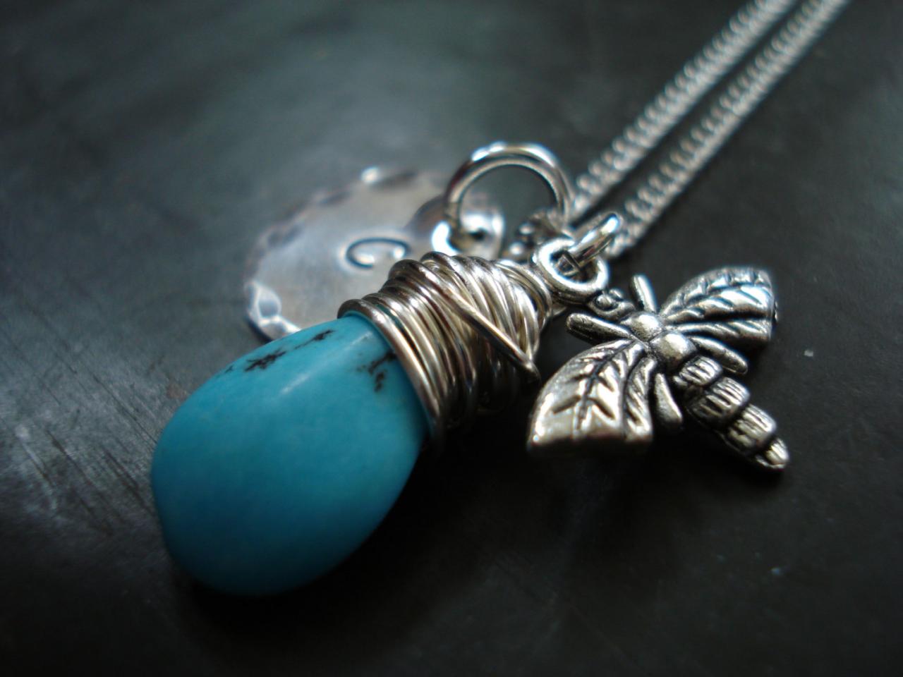 Turquoise Stone Necklace, Stamped Monogramed Charm, Bee Charm, Hand Made Personalized Necklace, Gift Under 50 Dollars