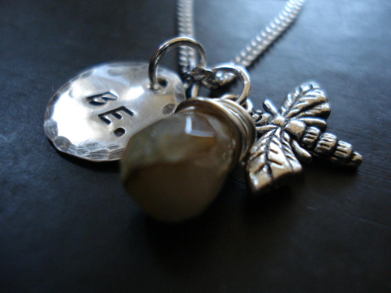 Stamped Necklace, Hand Stamped Sterling Silver Necklace, Wire Wrapped Gemstone And Bee Charm. Just Be.
