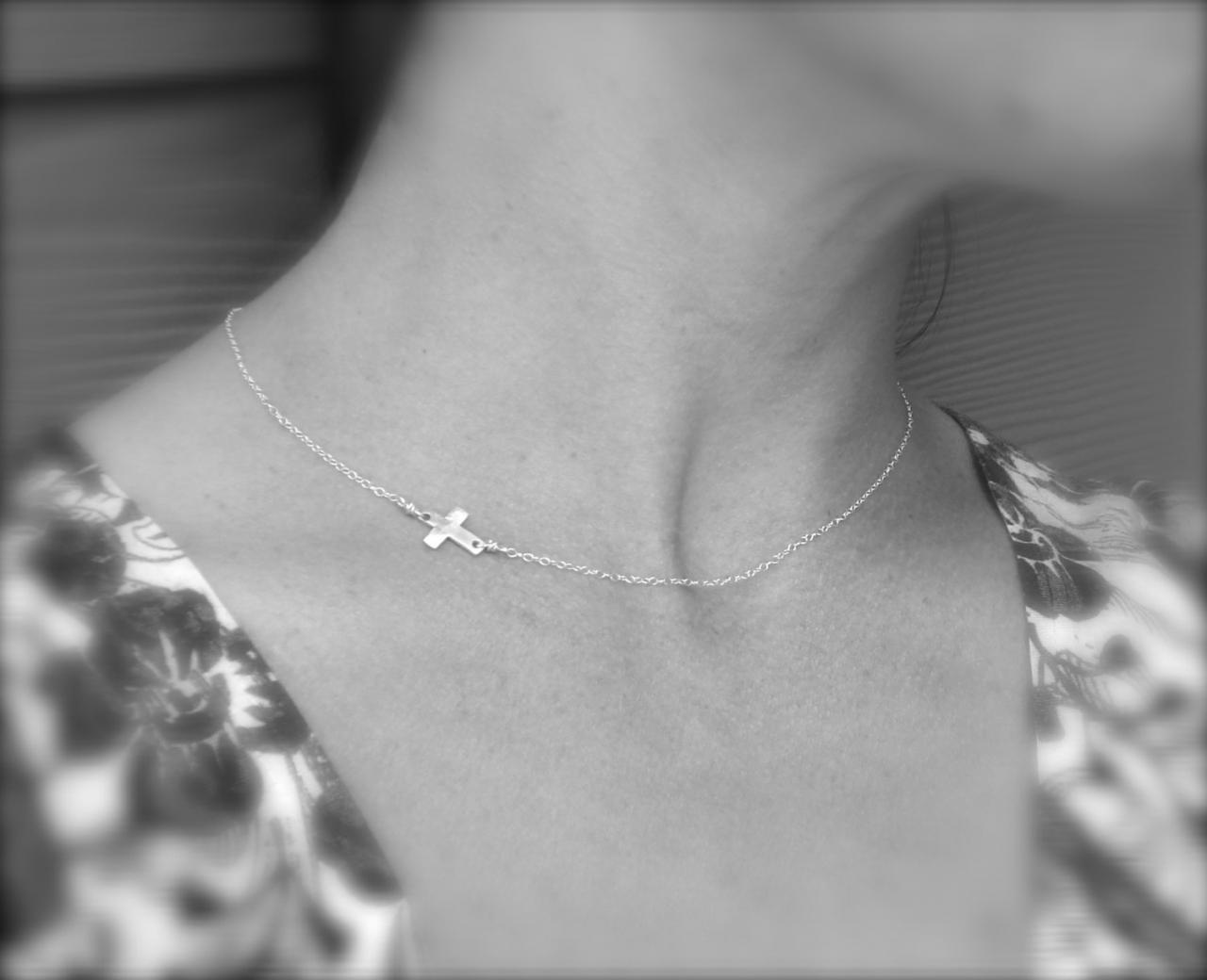 Sideways Cross Necklace, Tiny Cross Necklace, Silver Cross Necklace, Silver Cross, Cross Necklace