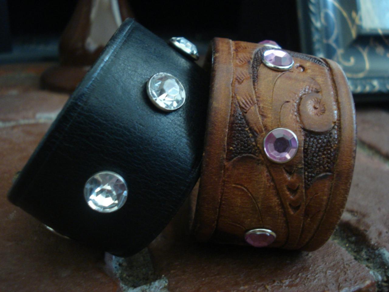 Belt Bracelet, Leather Bracelet, Cuff Bracelet, Rhinestone Bracelet, Recycled Bracelet, Crystal Bracelet