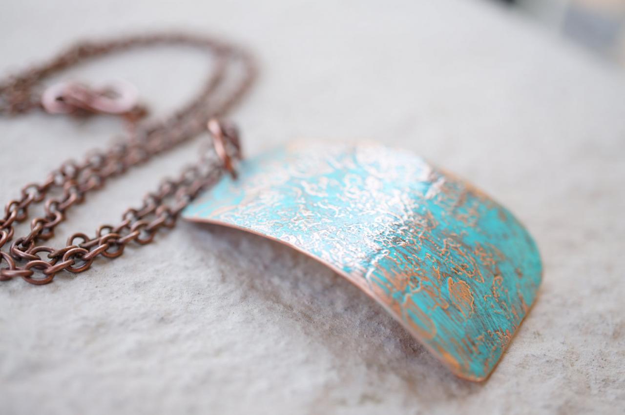 Copper Necklace With Teal Patina- Etched Metal Jewelry- Copper Jewelry-handcrafted Jewelry