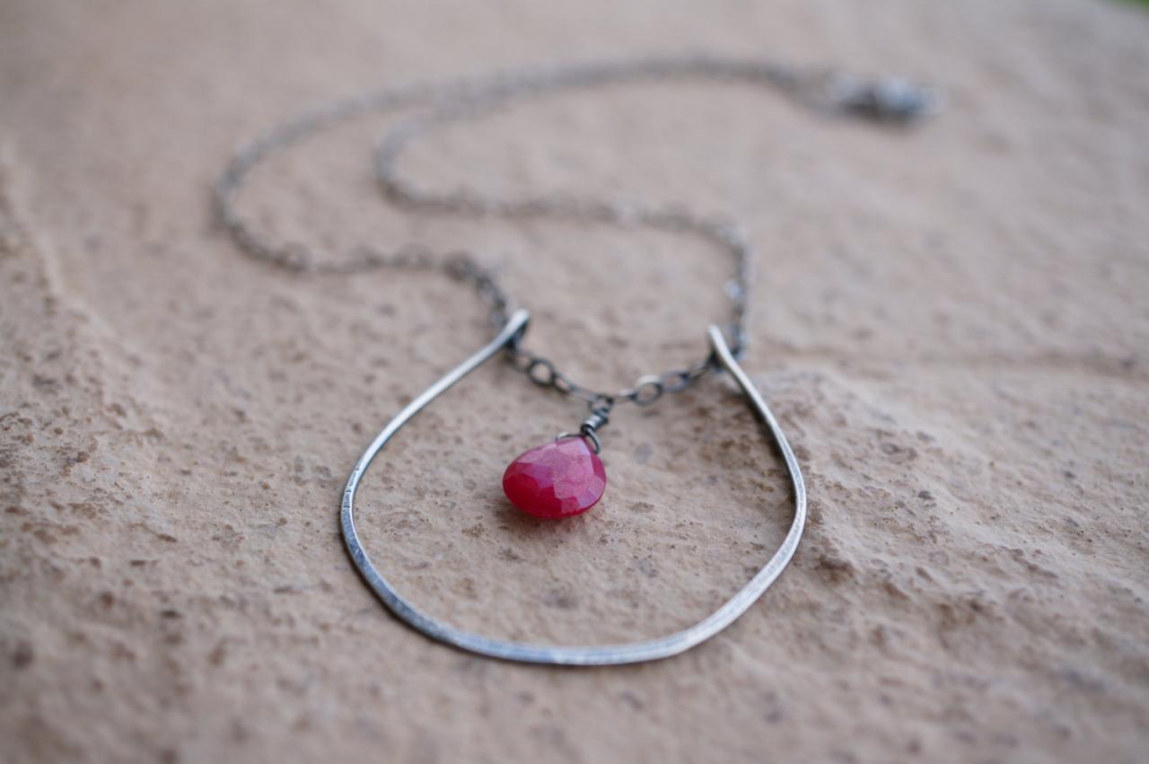 Large Horseshoe Necklace, Wire Wrapped Ruby Necklace, Statement Necklace, Sterling Silver Jewelry