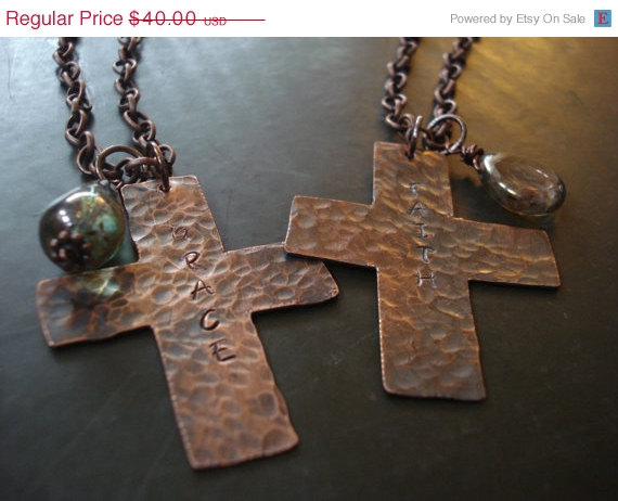 Inspirational Copper Cross Necklace, Grace And Faith Hand Stamped Cross.
