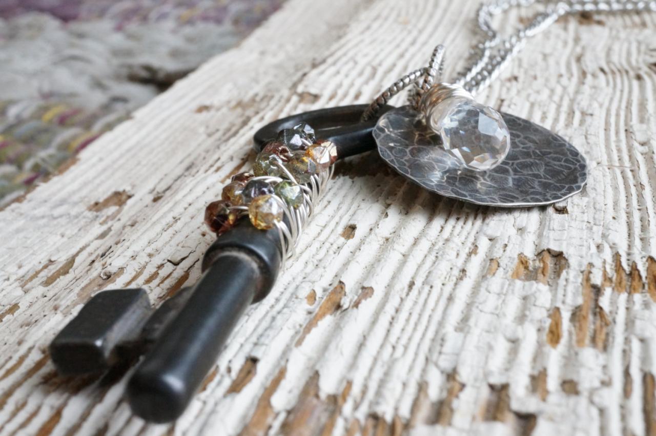 Key Necklace, Antique Key Necklace, Full Moon Necklace, Wire Wrapped Jewelry Handmade, Wire Wrapped Crystal Necklace, Hammered Jewelry