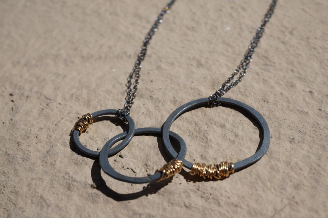 Three Circle Necklace, Circle Necklace, Silver Circle Necklace, Sterling Silver Circle Pendant, Oxidized Finish