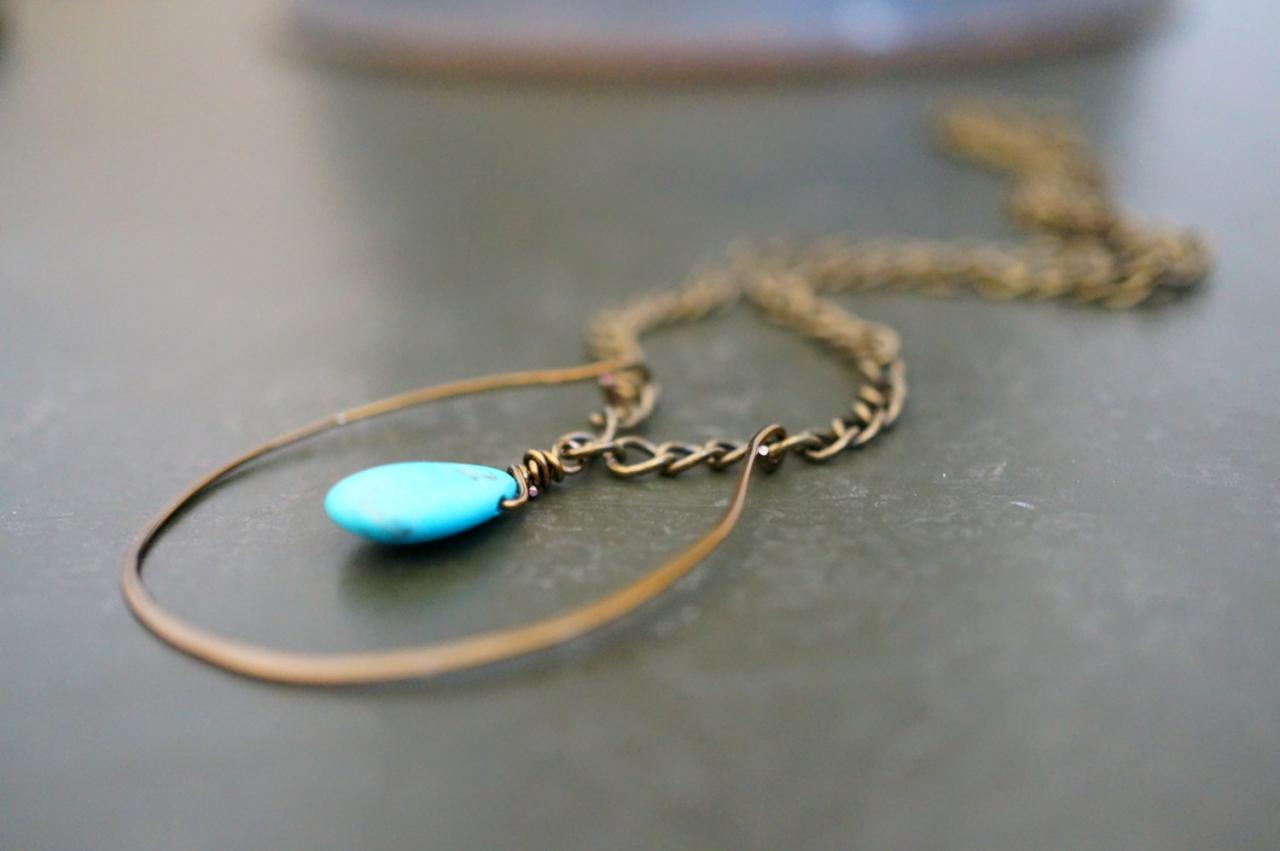 Large Horseshoe Necklace, Wire Wrapped Turquoise Necklace, Statement Necklace, Brass Jewelry
