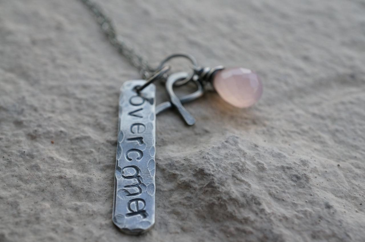 Breast Cancer Awareness Necklace, Overcomer,custom Necklace, Personalized Jewelry, Pink Gem Stone Pendant