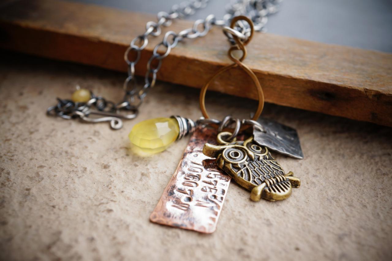 Harry Potter Themed Necklace, Mixed Metal Necklace, Coordinates, Owl, Yellow Chalcedony, Handcrafted Jewelry