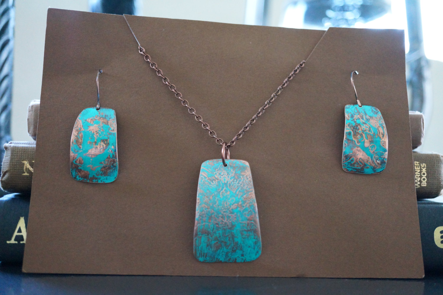 Copper Necklace With Teal Patina Etched Metal Jewelry Copper Jewelryhandcrafted Jewelry on Luulla